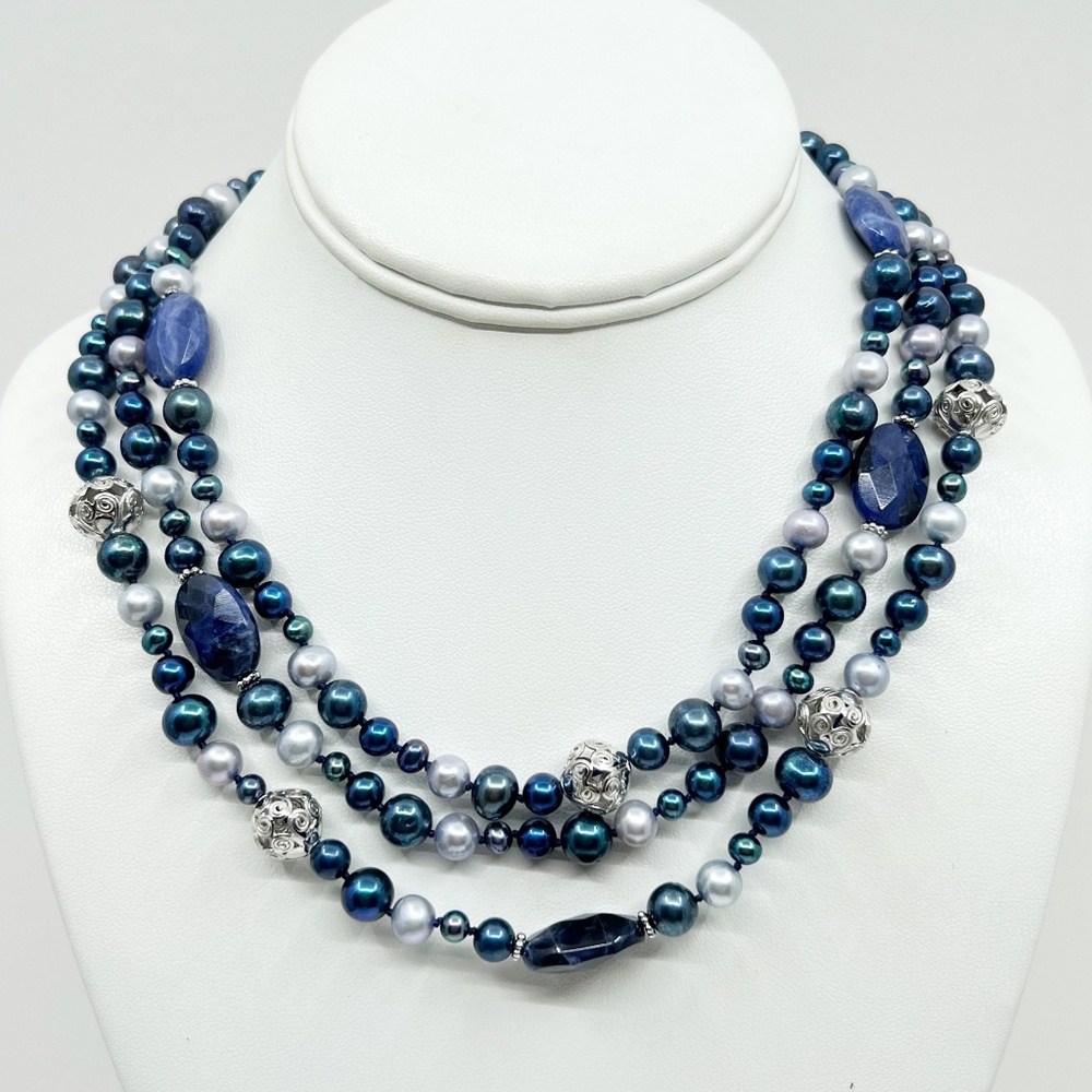 sterling silver pearl & sodalite bead necklace - GM956